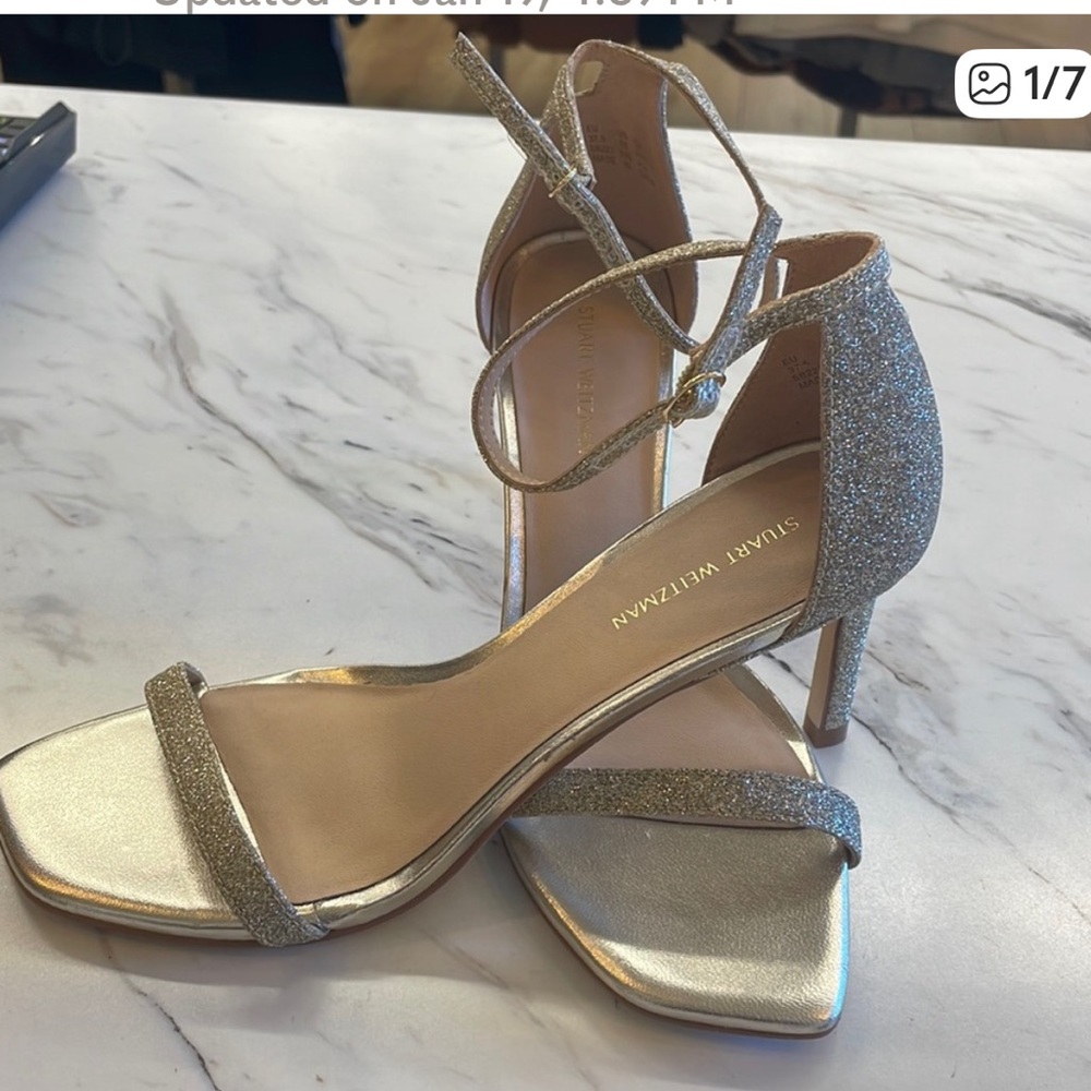 Stuart Weitzman Metallic Silver Glitter Ankle-Strap Heels